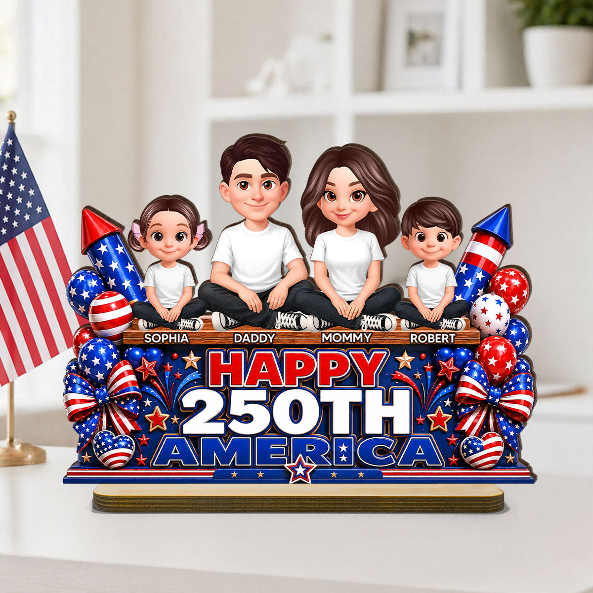 Proud Patriotic Family Happy 250th America Anniversary - Personalized 2-Layered Wooden Plaque - Gift For Family, 4th of July Decoration