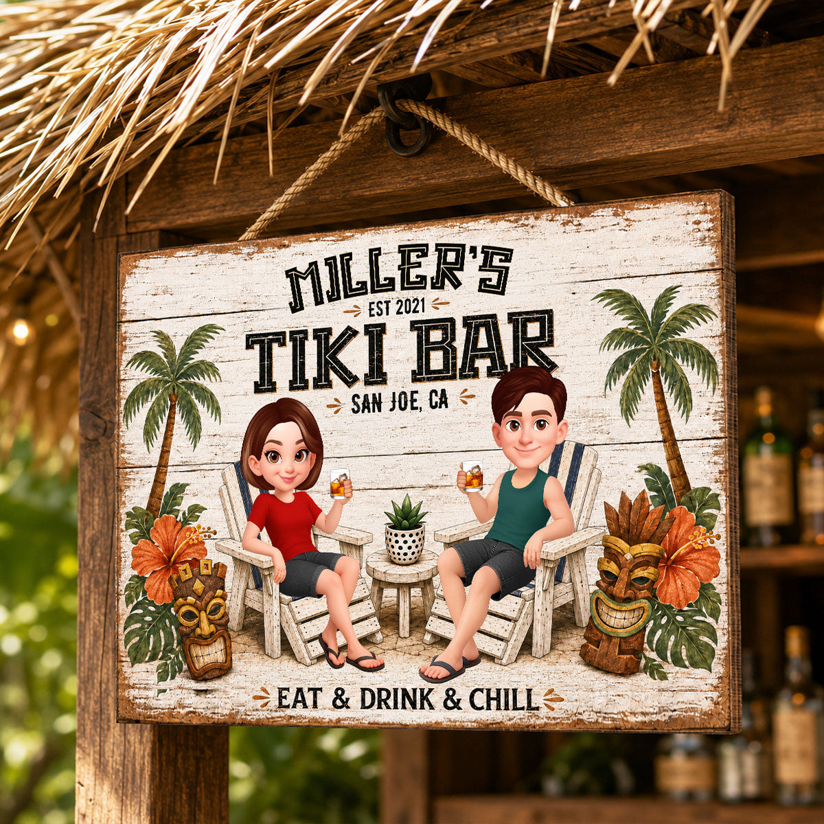 Custom Couple Tiki Bar - Personalized Wooden Sign - Outdoor Home Bar Decor, Eat Drink & Chill Sign, New Home Gift
