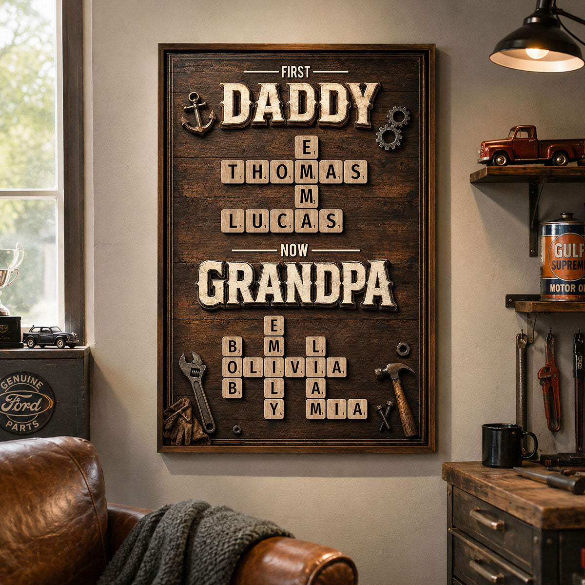 First Dad Now Grandpa Crossword Puzzle Art - Personalized Poster - Father's Day Gift for Dad, Grandpa