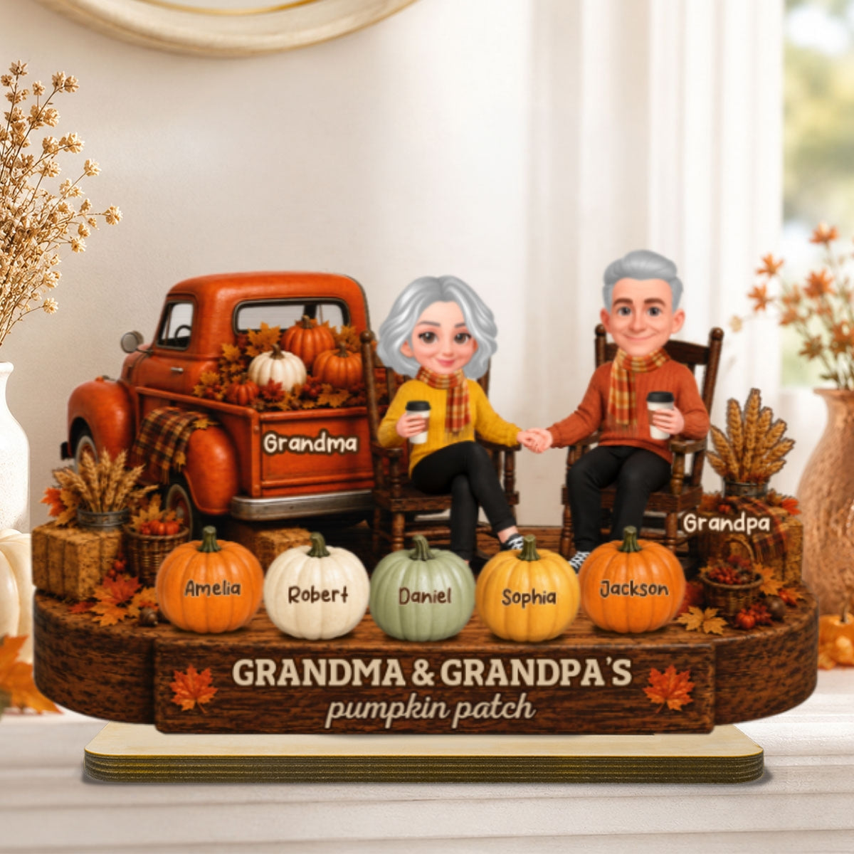Fall Season Pumpkin Truck Grandma Grandpa Pumpkin Patch - Personalized 2-Layered Wooden Plaque - Fall Decor For Grandparents