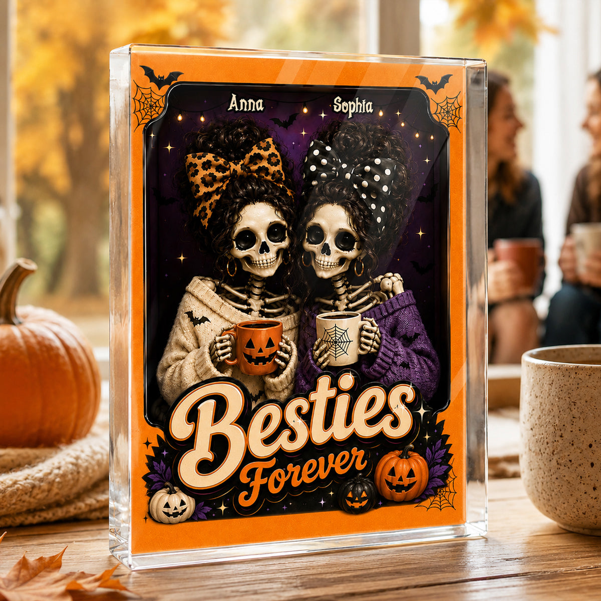 Besties Forever Skeleton Halloween - Personalized Acrylic Block Plaque - Halloween Decor Gift, Gift For Besties