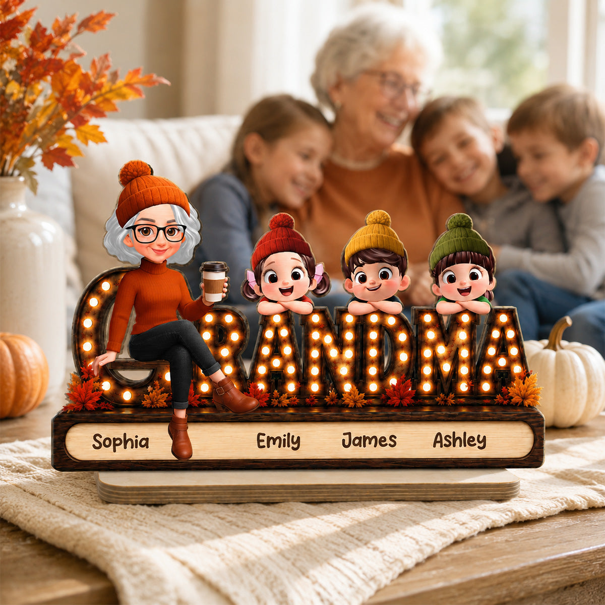 Grandma Grandkids Marquee 2D Flat - Personalized Wooden Plaque - Cozy Fall Season Gift