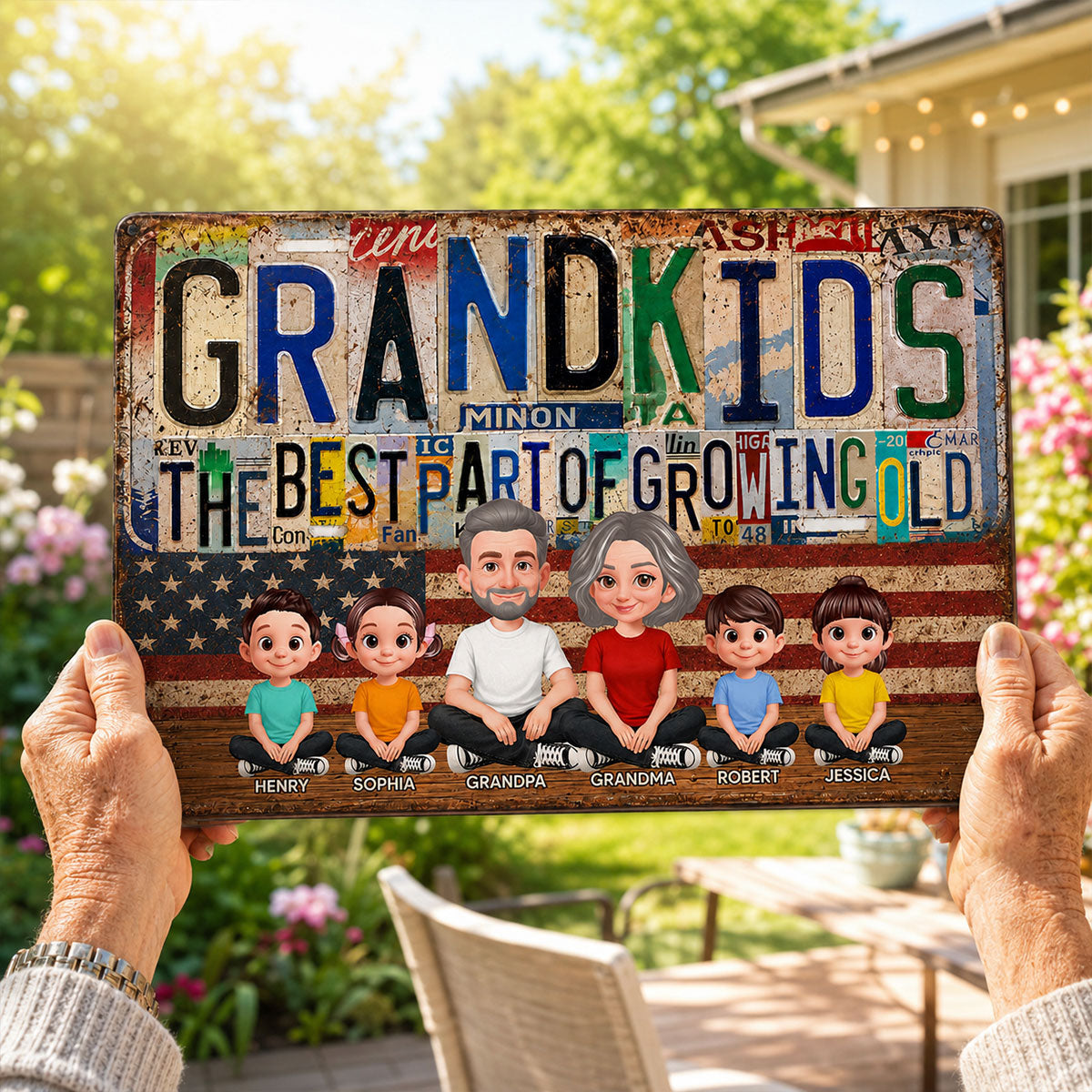 Grandkids Best Part Of Growing Old License Plate Style - Personalized Metal Sign - Gift For Grandparents, Patriotic Rustic Vintage