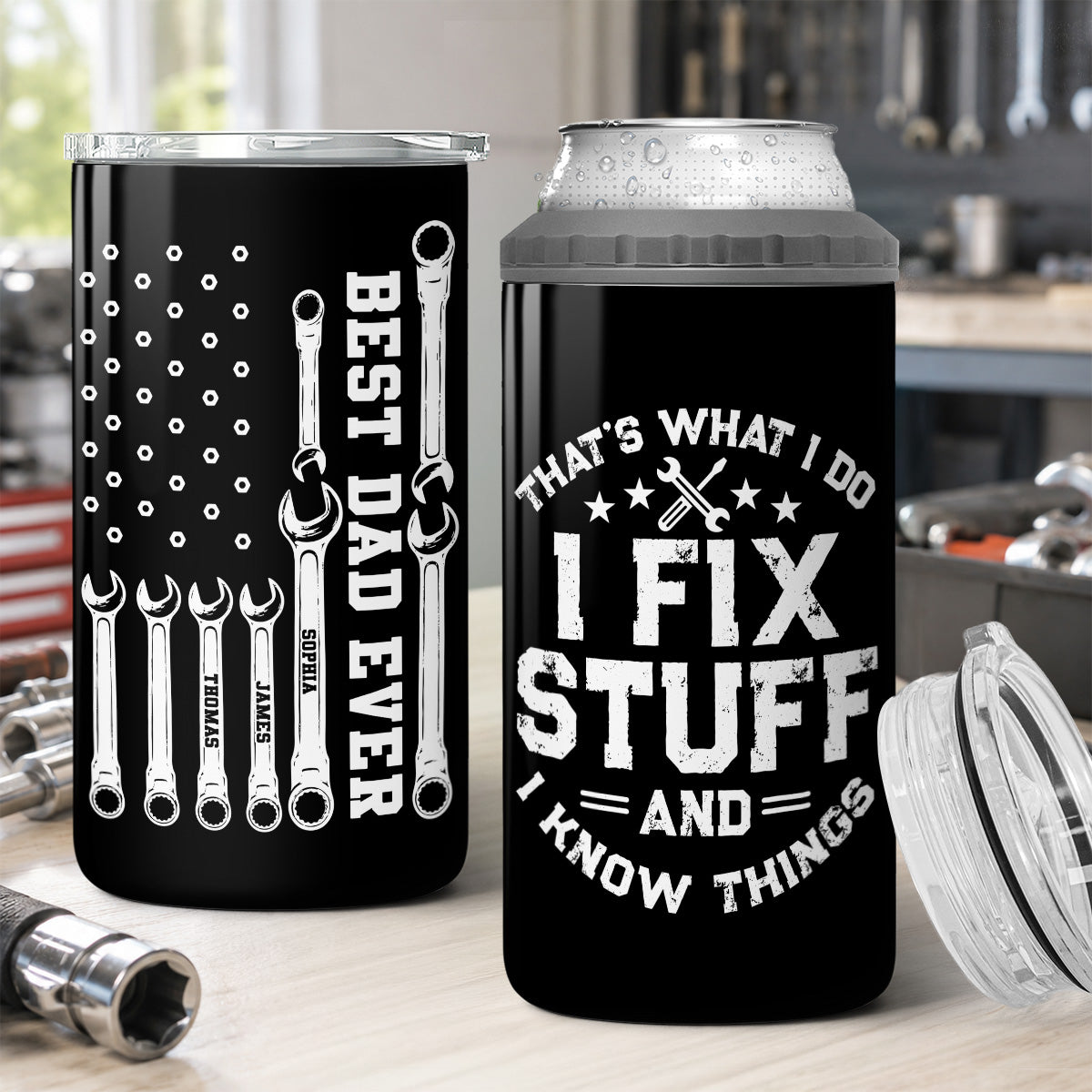 That's What I Do Mechanic Dad - Personalized 4-in-1 Can Cooler - Father's Day Gift For Dad, Grandpa