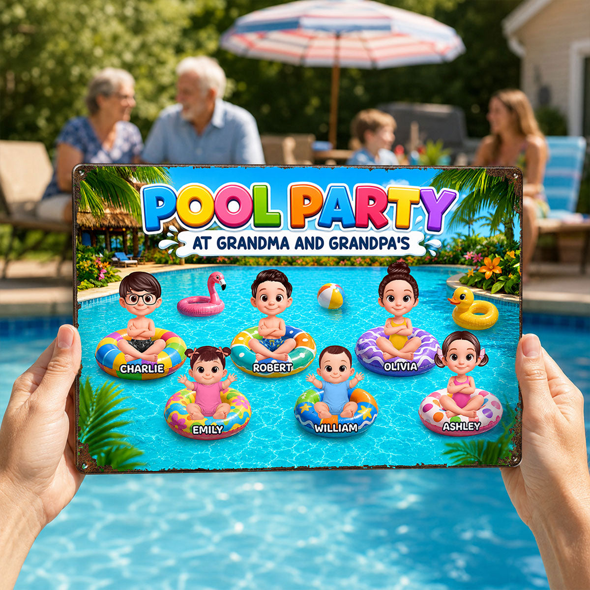 Pool Party At Grandpa Grandma's - Personalized Metal Sign - Gift For Grandparents, Summer Poolside Decoration