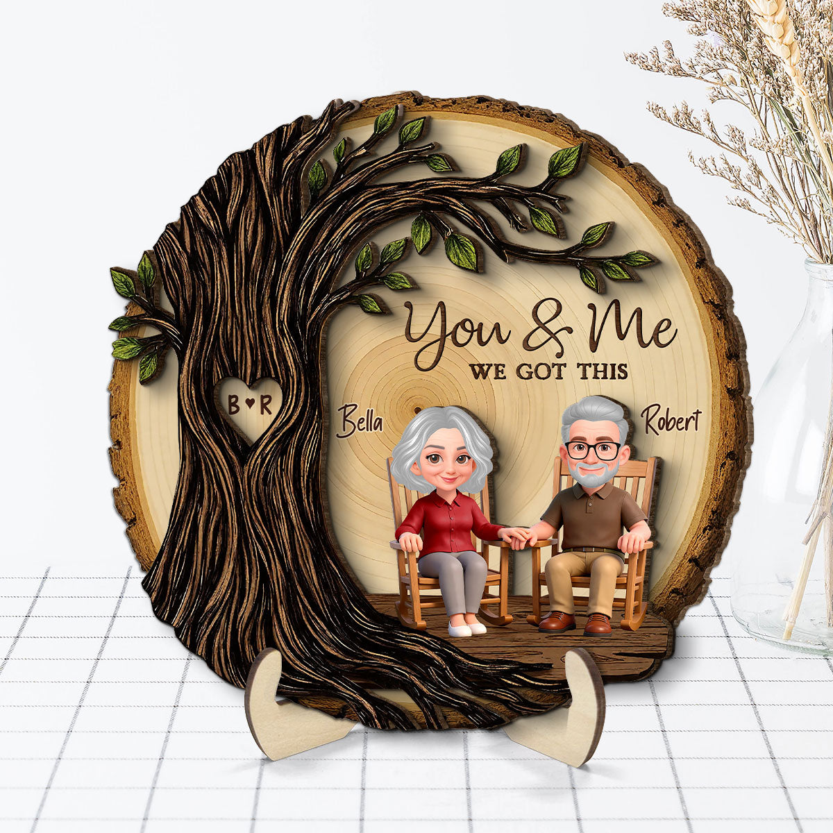 Old Couple Rocking Chair Under Heart Carved Tree - Personalized 2-Layered Wooden Plaque - Valentine's Day Gift For Couple