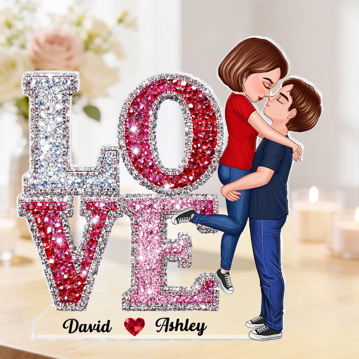 3D Effect Rhinestones Couple Love - Personalized Acrylic Block Plaque - Heartfelt Gift for Her, for Him