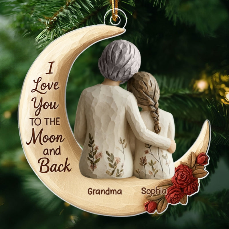 Grandma And Grandkid On The Moon Faux Wood - Personalized Acrylic Ornament - Heartwarming Christmas Gift For Grandma, For Family