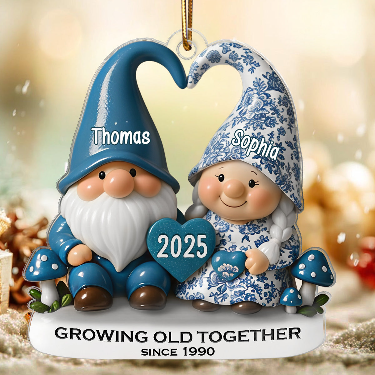 3D Effect Vintage Toile De Jouy Pattern Gnome Couple - Personalized Acrylic Ornament