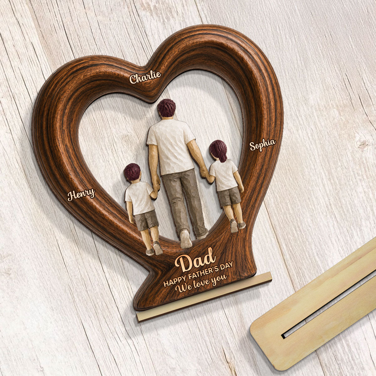 Sentimental Rustic Dad And Kids Walking In Heart 2D Flat - Personalized 2-Layered Wooden Plaque -  Gift For Dad, Husband