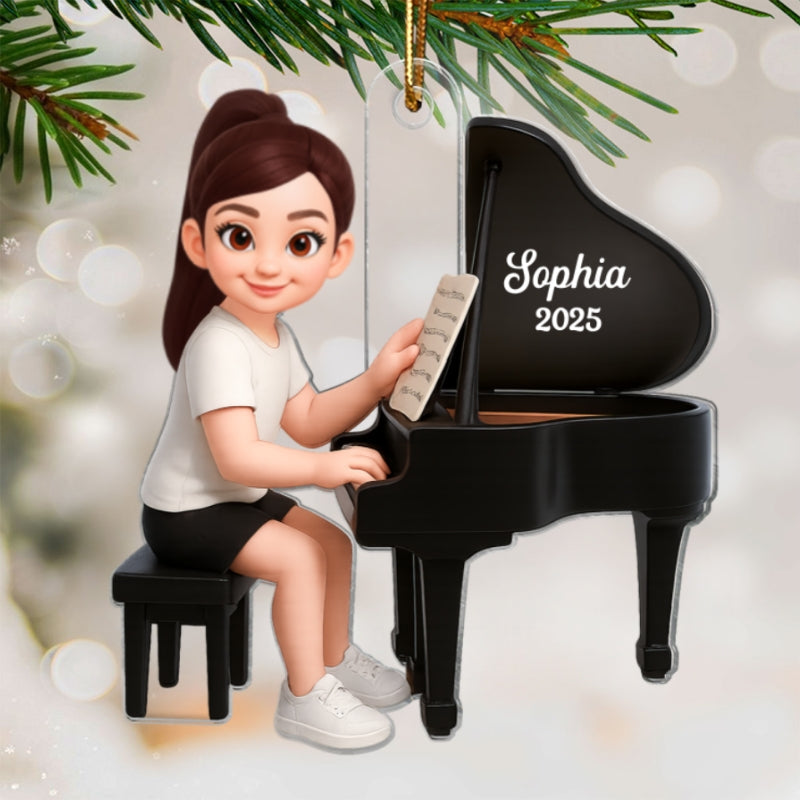 Christmas Girl Boy Playing Piano - Personalized Acrylic Ornament - Gift For Pianists, Performers, Piano Lovers