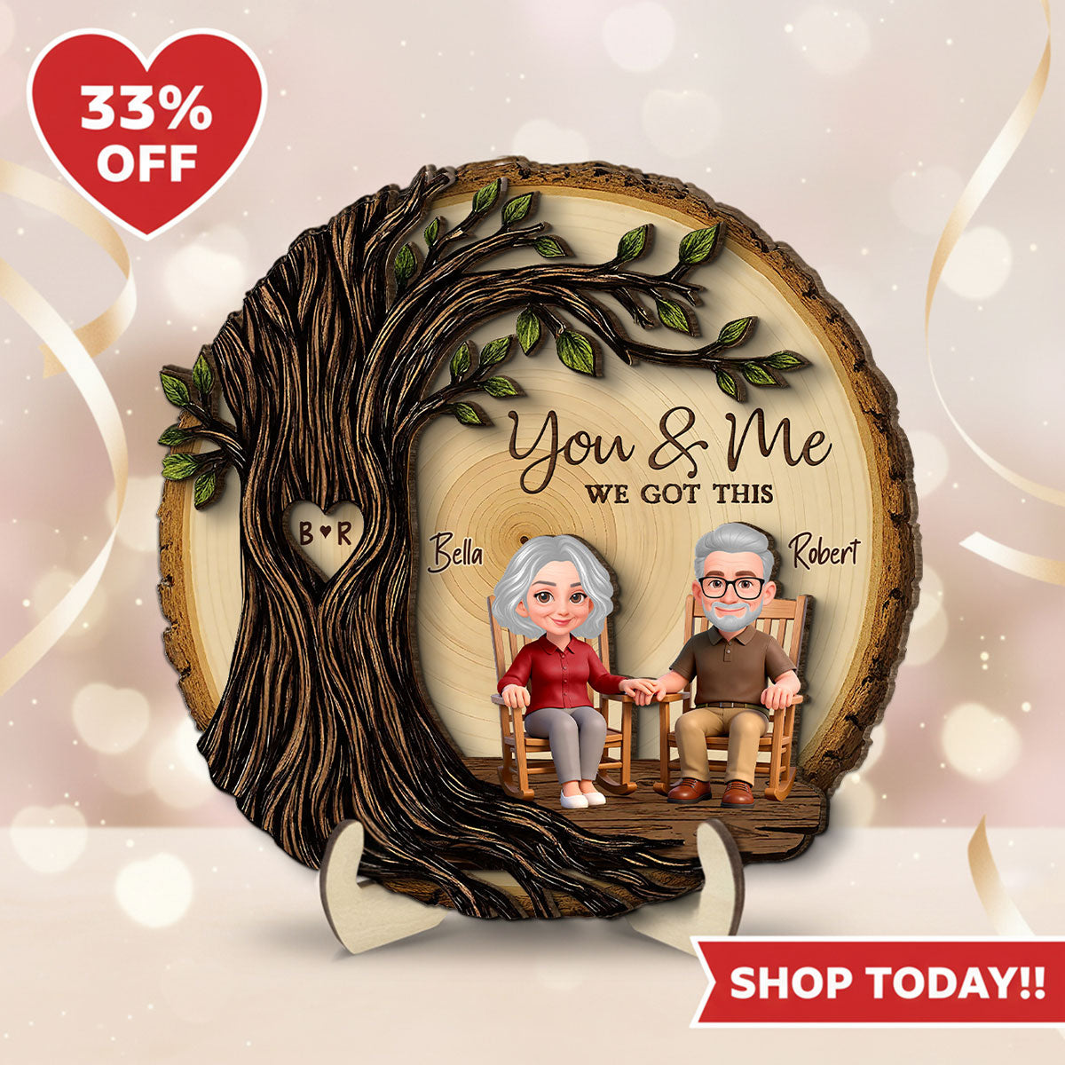 Old Couple Rocking Chair Under Heart Carved Tree - Personalized 2-Layered Wooden Plaque - Valentine's Day Gift For Couple