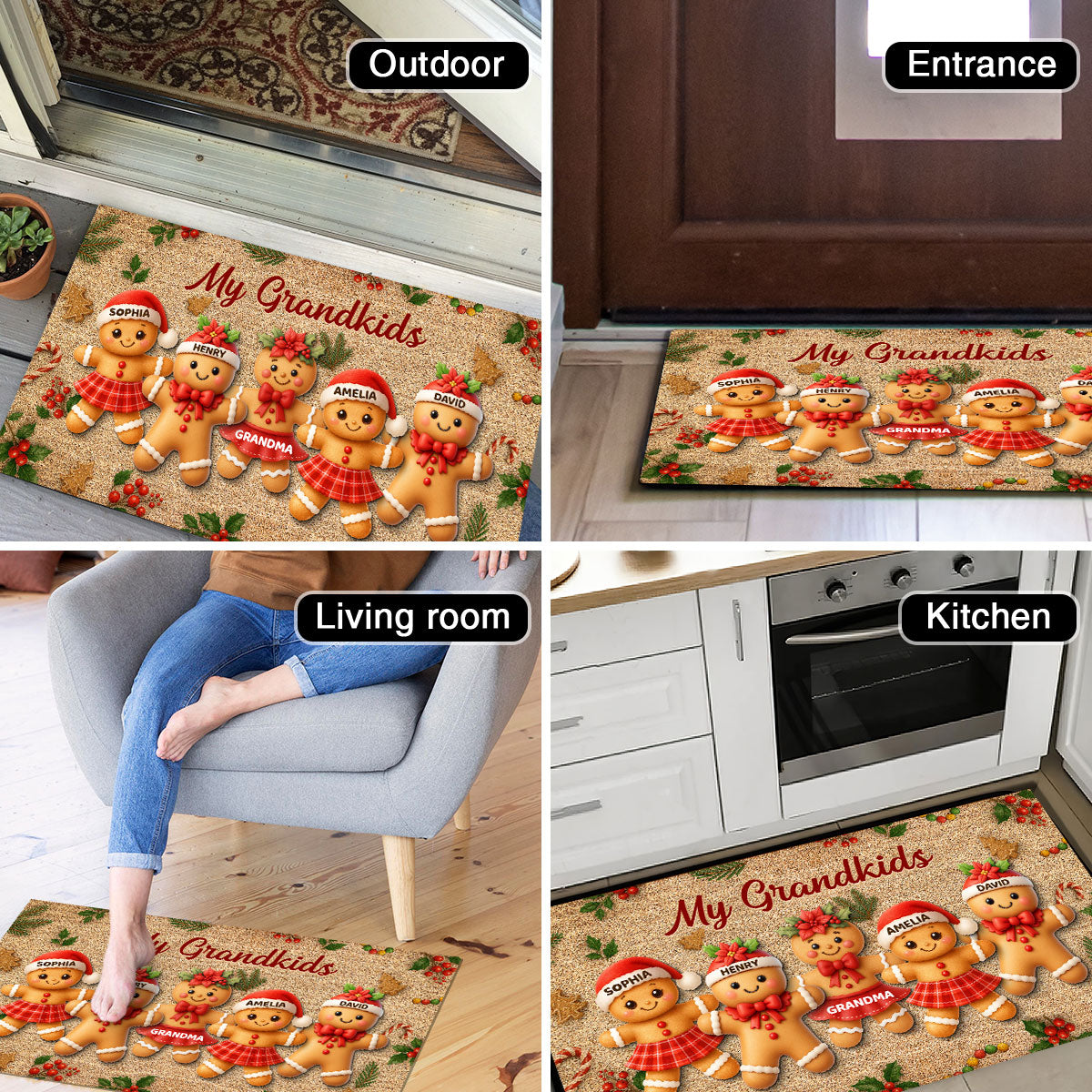 Gingerbread Grandparents and Grandkids - Personalized Doormat - Christmas Gift for Family