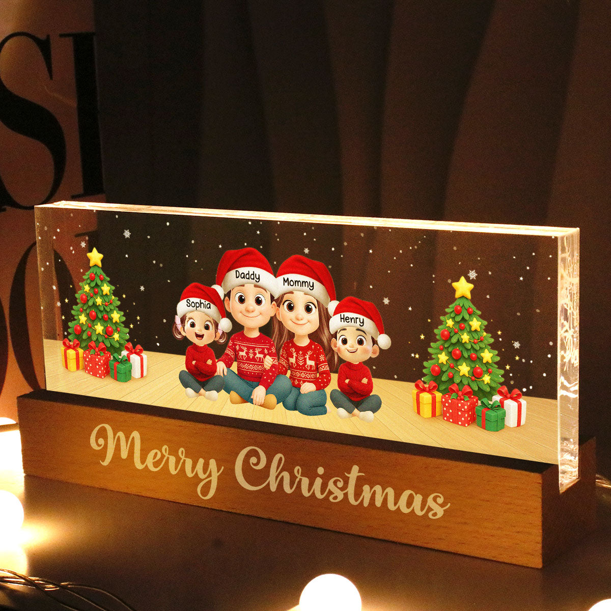 Merry Christmas Family Sitting - Personalized Acrylic Block LED Night Light - Custom Family with Pets, Holidays Gift for Husband, Wife