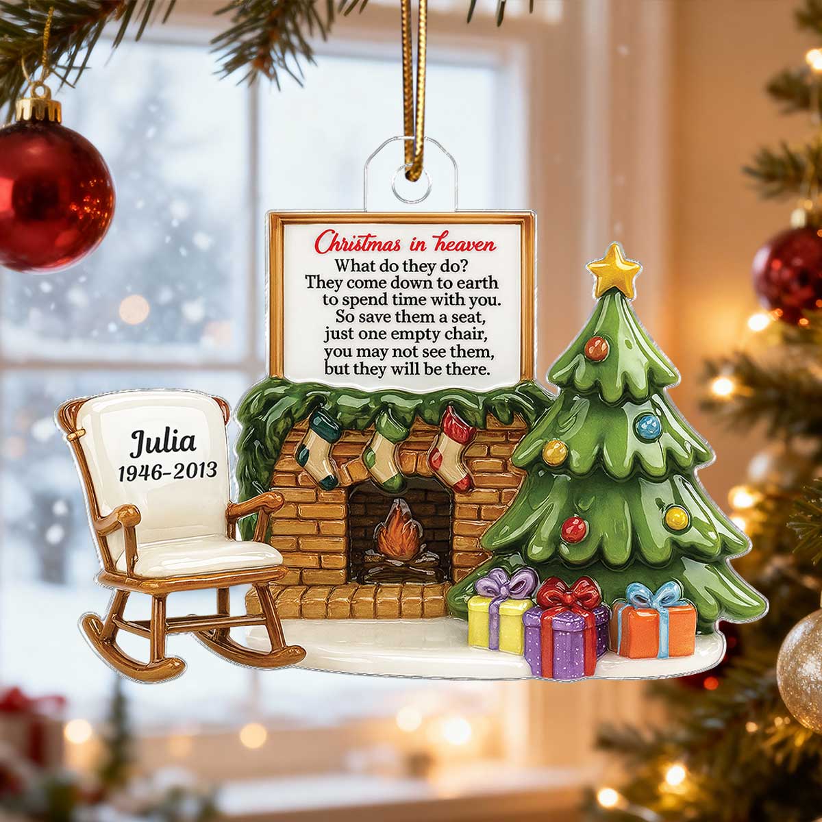 3D Effect Christmas In Heaven Chair At Fireplace - Personalized Acrylic Ornament - Christmas Memorial Keepsake For Family
