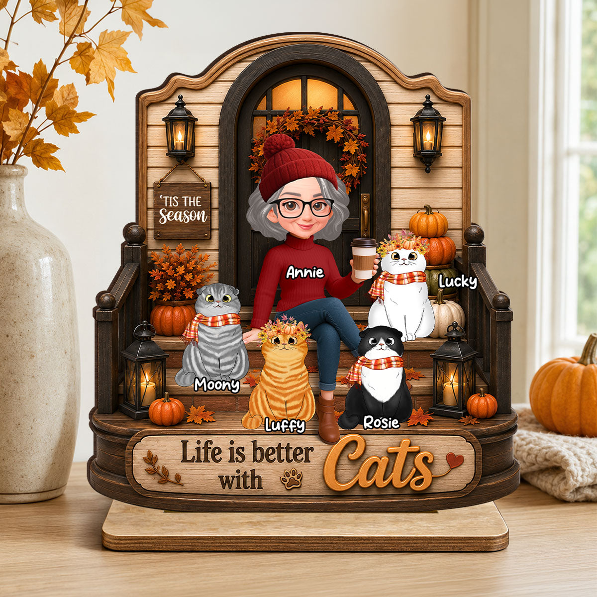 Life is Better with Cats - Personalized 2-Layered Wooden Plaque - Fall Decor for Cat Moms