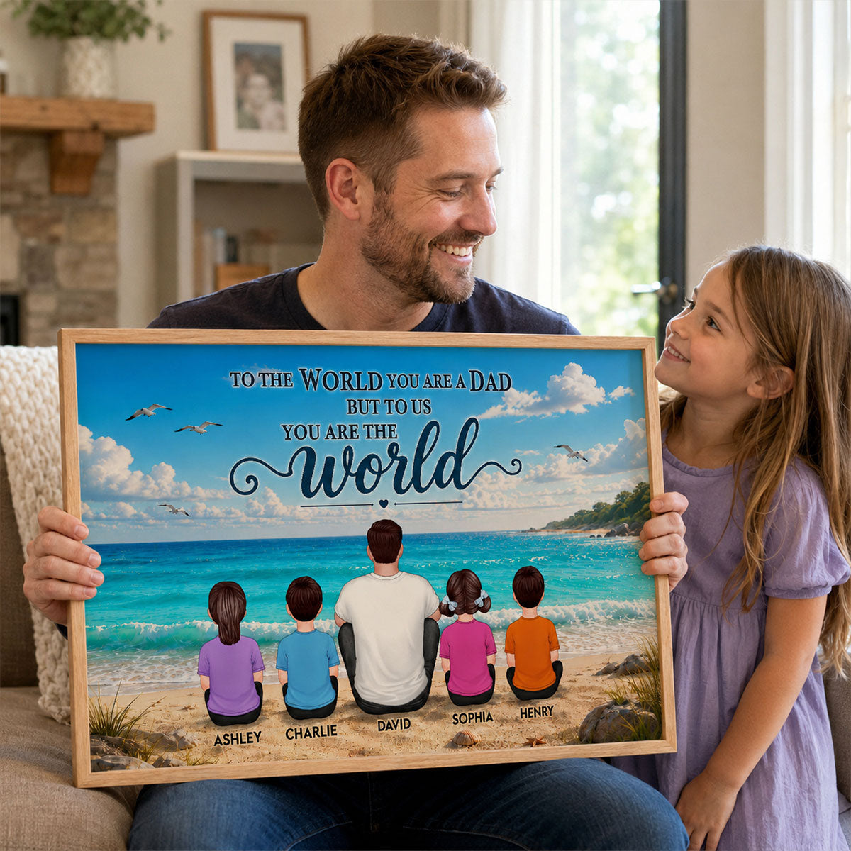 Beach Landscape Dad Grandpa And Kids - Personalzied Poster - Father's Day gift