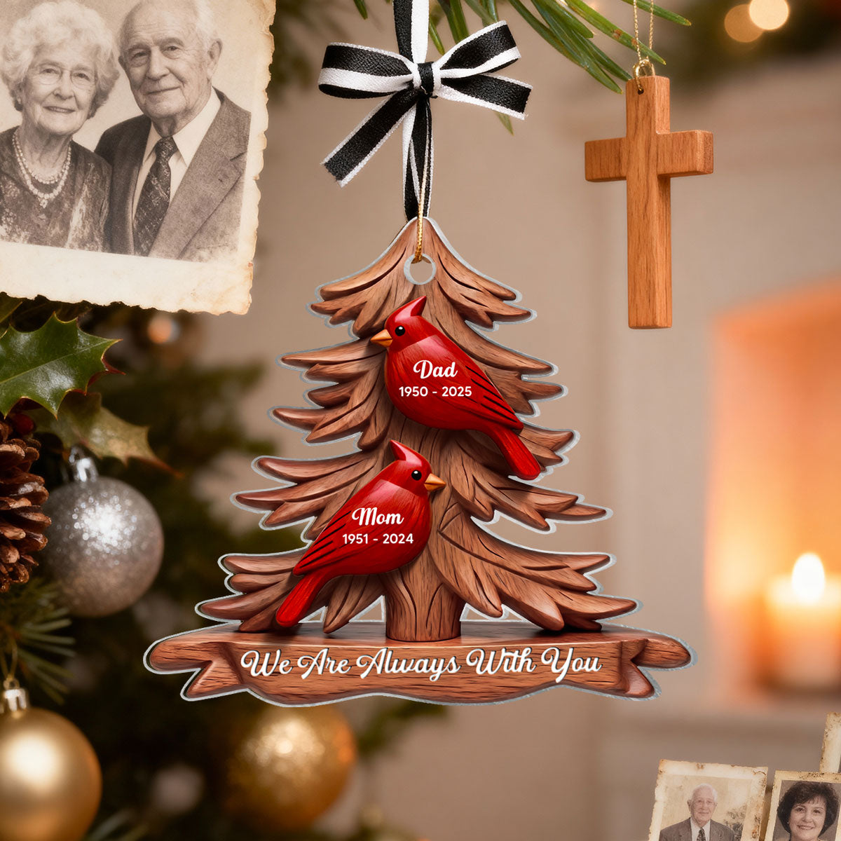 3D Effect Flat Christmas Cardinals Memorial - Personalized Ornament - Remembrance Gift, Sympathy Gift