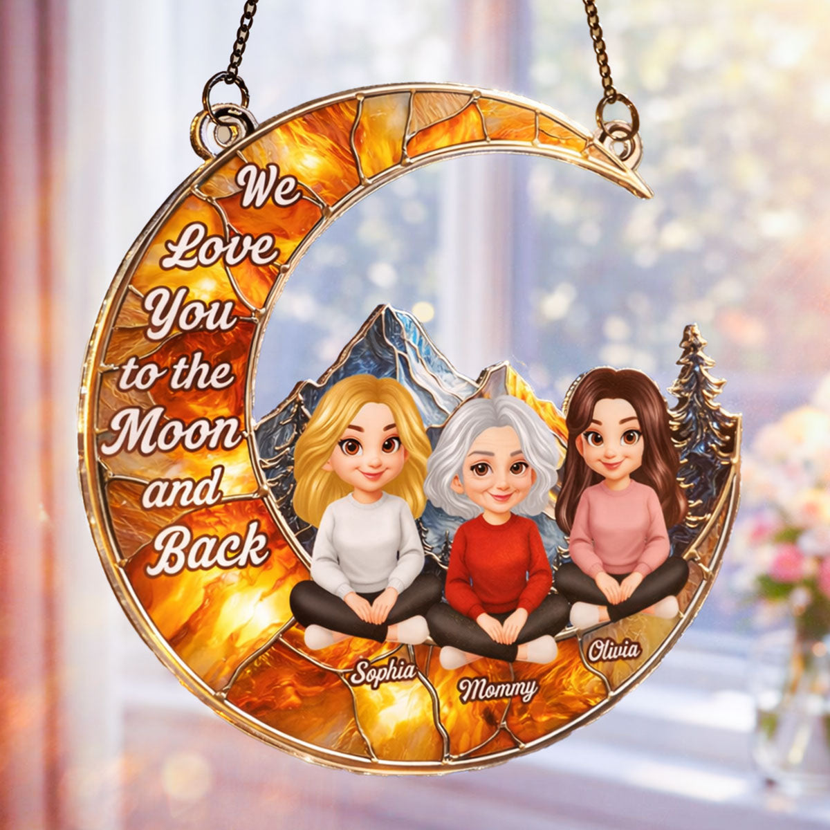 Mother Daughter Son Sitting on Moon - Personalized Suncatcher Ornament - Heartfelt Mother's Day Gift for Mom, Wife