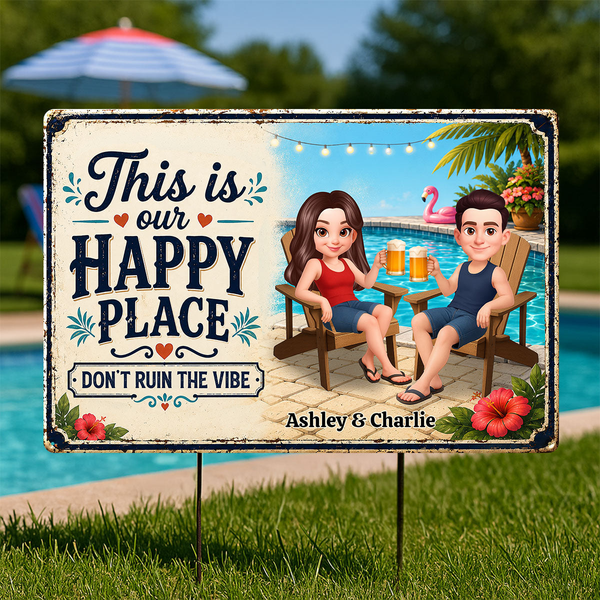 Welcome to Our Happy Place Swimming Pool - Personalized Metal Sign - Summer Decor for Couples