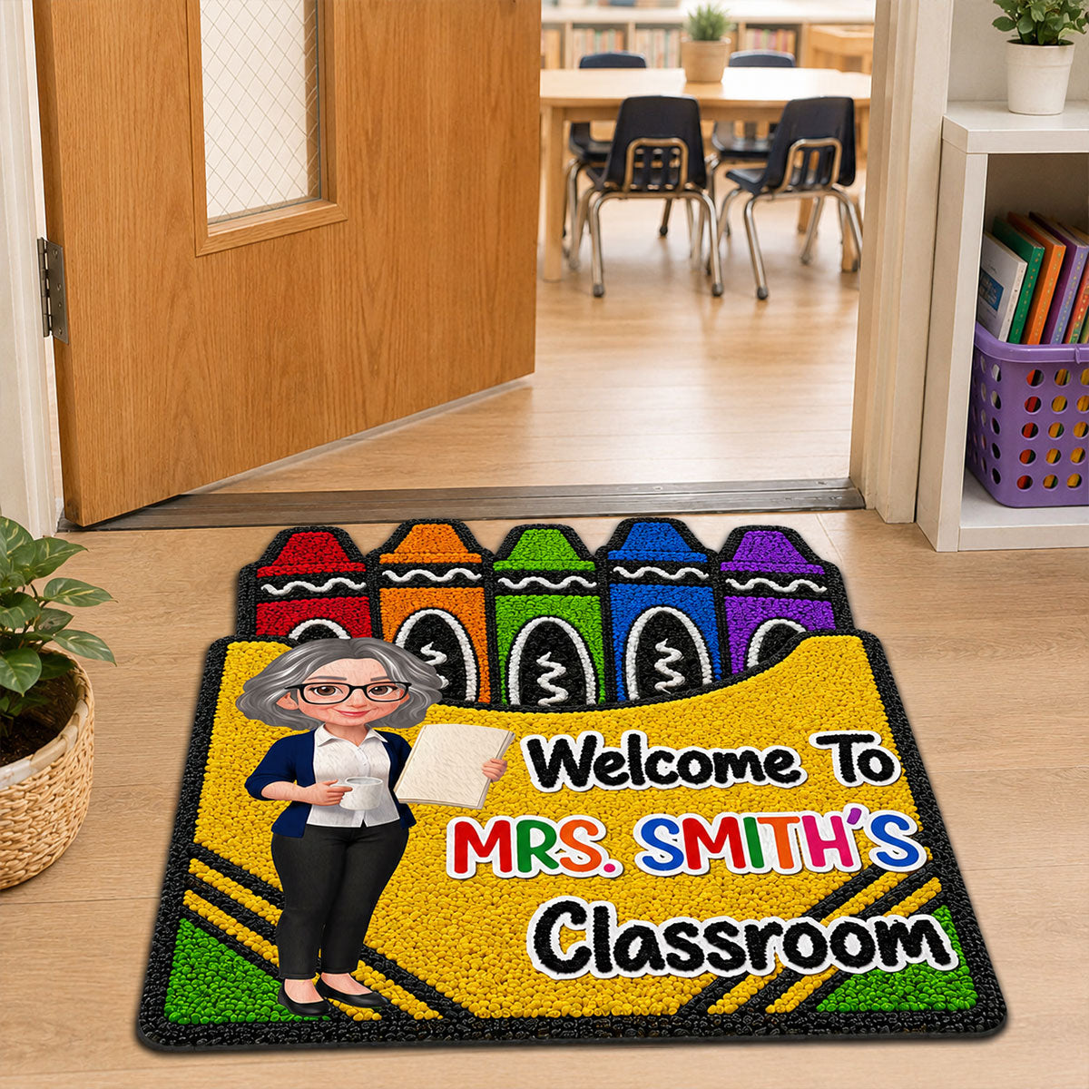 Teacher Welcome To Classroom Crayon Box Faux Yarn Pattern - Personalized Doormat - Back To School Gift For Teacher, Classroom Decor