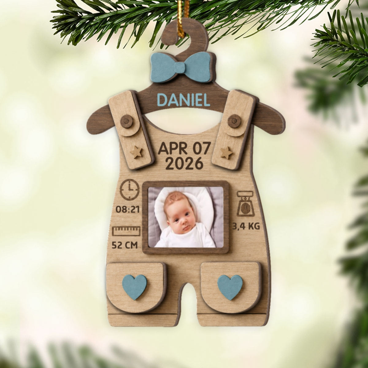 Baby First Christmas Birth Stats Birth Sign - Personalized 2-Layered Wooden Ornament - Baby Milestone Keepsake, Newborn Memory Photo, Birth Announcement