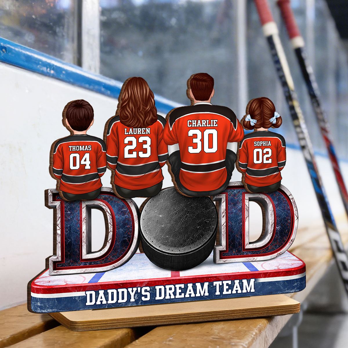 Hockey Dad Family Sitting Back View - Personalized 2-Layered Wooden Plaque - Heartfelt Gift For Hockey Dad, Gift For Husband, Gift For Family