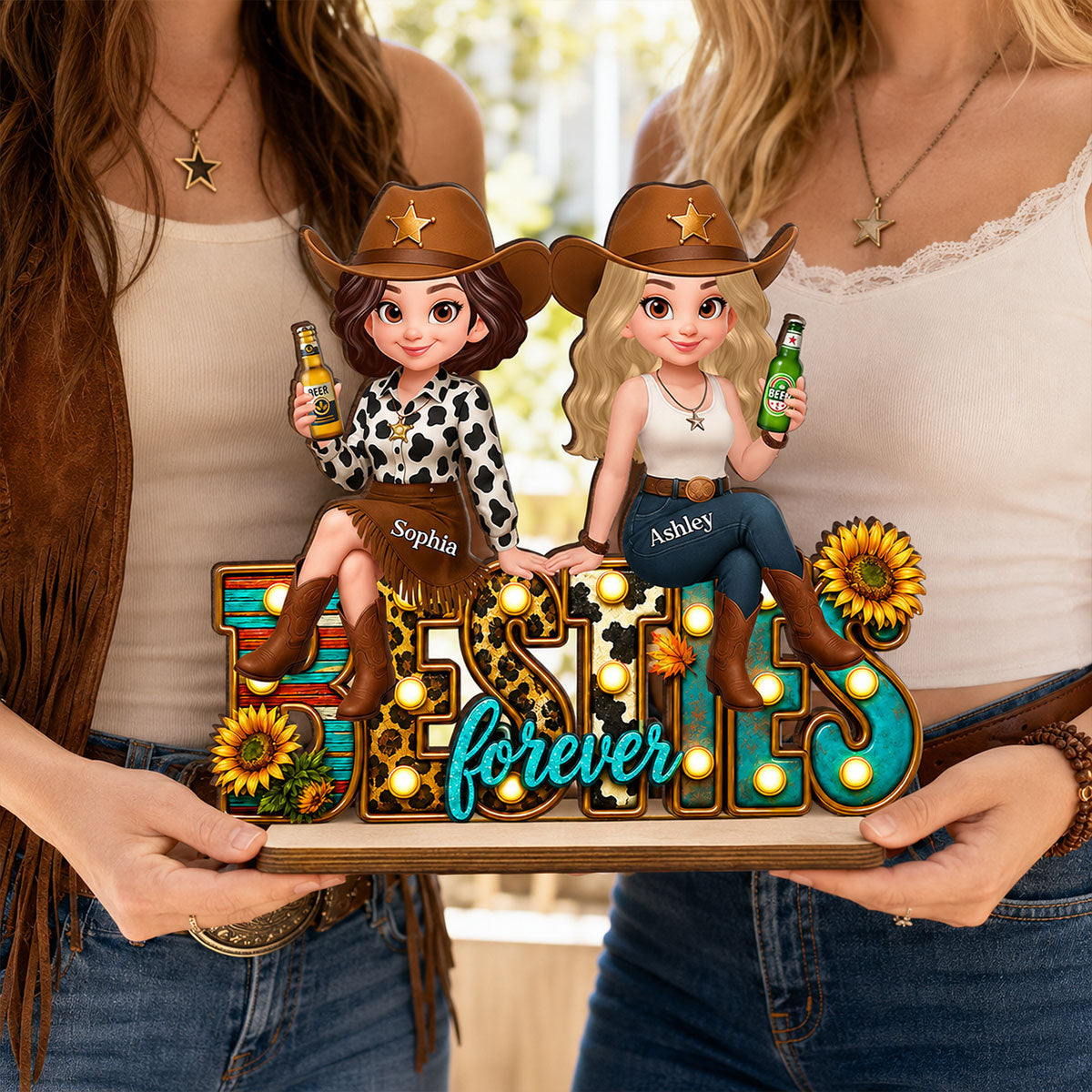 Western Besties Leopard Checkered - Personalized 2-Layered Wooden Plaque - Gift for Best Friends