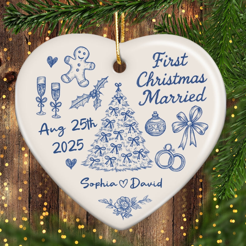 First Christmas Married Toile De Jouy Pattern - Personalized Ceramic Ornament - Christmas Gift For Him, For Her, For Couple