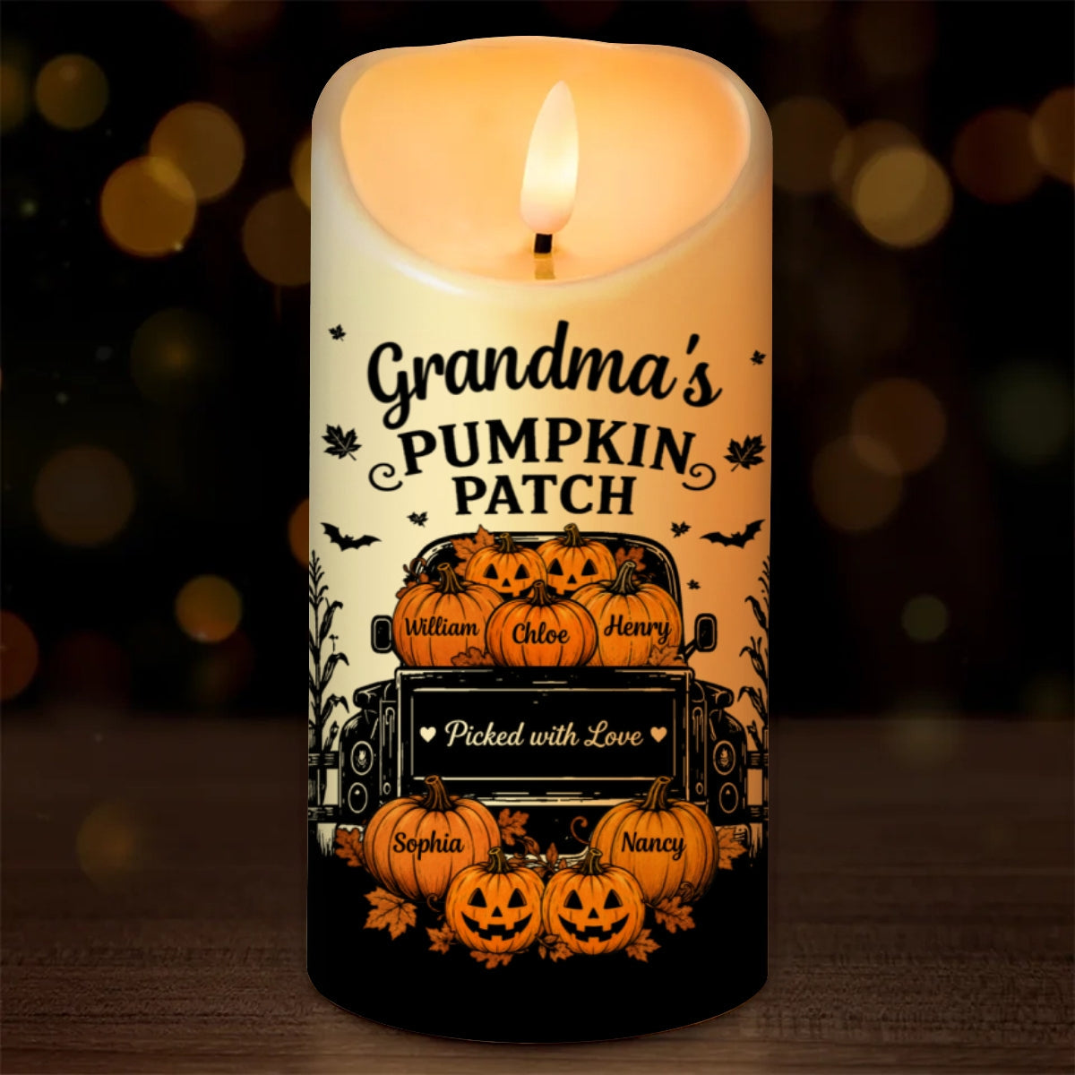 Grandma's Pumpkin Patch Jack-o'-lantern Pumpkins Truck - Personalized LED Candle - Perfect Halloween Decor For Grandma