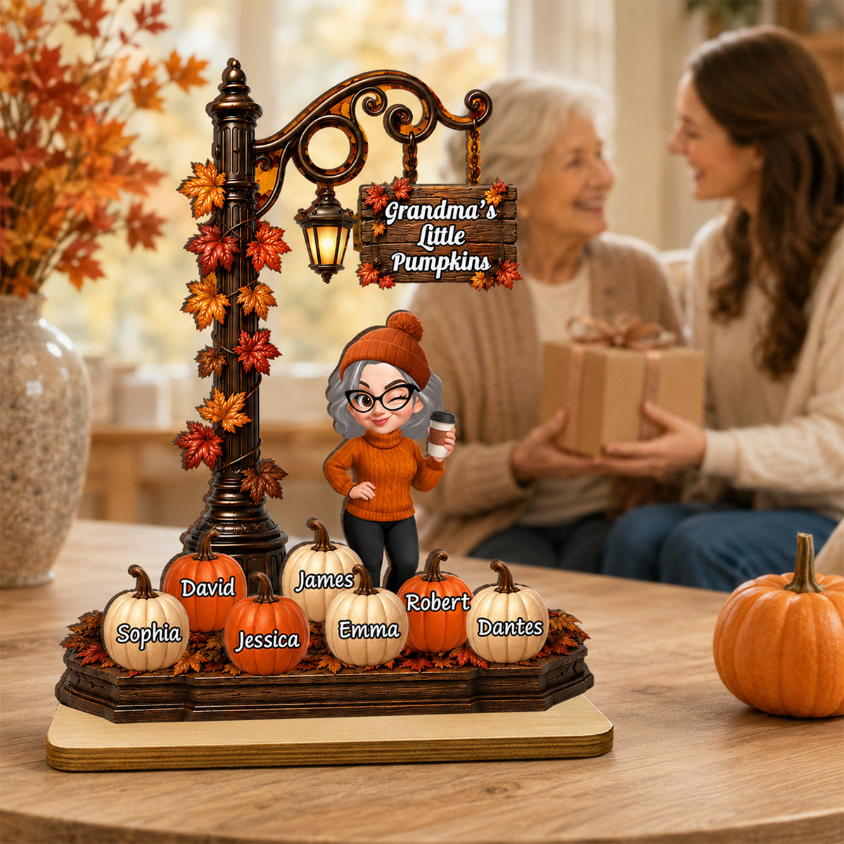 Grandma's Little Pumpkins Lamp Post - Personalized 2-Layered Wooden Plaque - Fall Season Decor Gift, Gift For Grandma