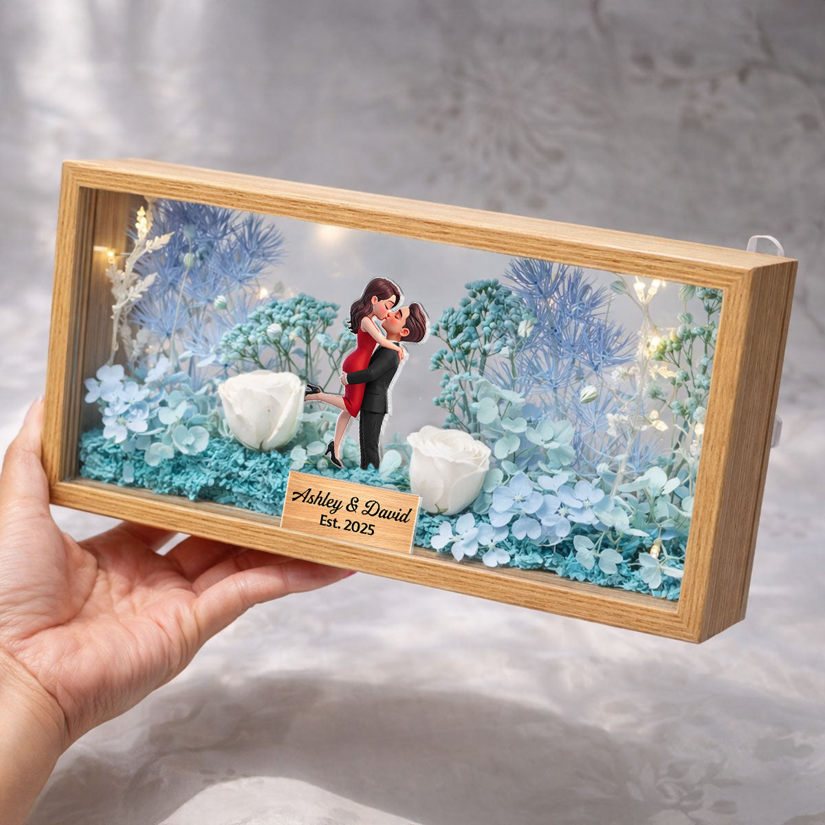 Romantic Couple Hugging Kissing - Personalized DIY Flower Shadow Box LED Night Light - Gift For Couple, For Him, For Her