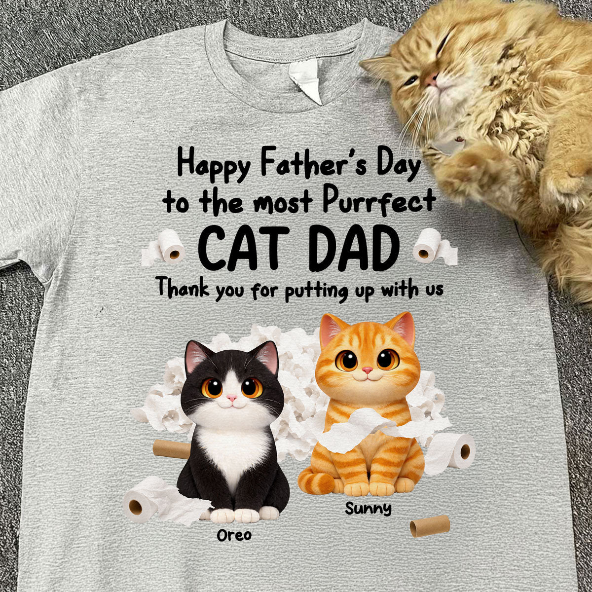 Toilet Papers Cute Fluffy Cats Happy Father's Day Thanks For Putting Up With Us - Personalized Shirt - Funny Father's Day Gift For Cat Dad, Cat Lovers