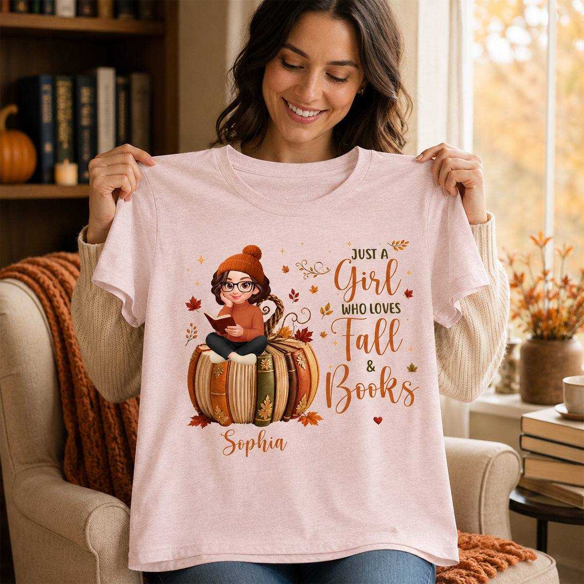 All Booked For Fall Girl Reading Book On Fall Book Pumpkin - Personalized Shirt - Fall Season Gift For Book Lover