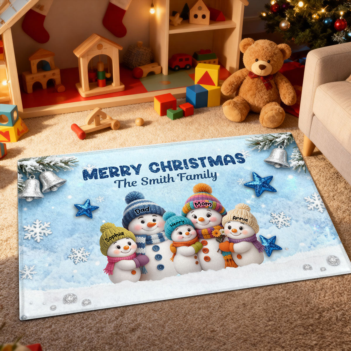 3D Effect Snowy Christmas Snowman Family - Personalized Doormat
