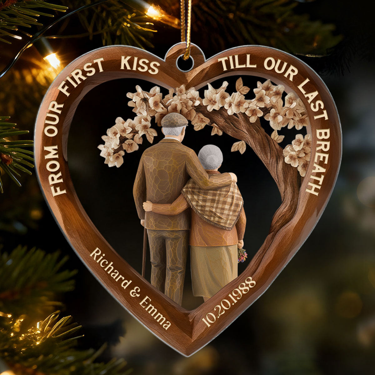 From Our First Kiss Till Our Last Breath Couple 3D Wooden Effect - Personalized Acrylic Ornament - Christmas Gift for Couples