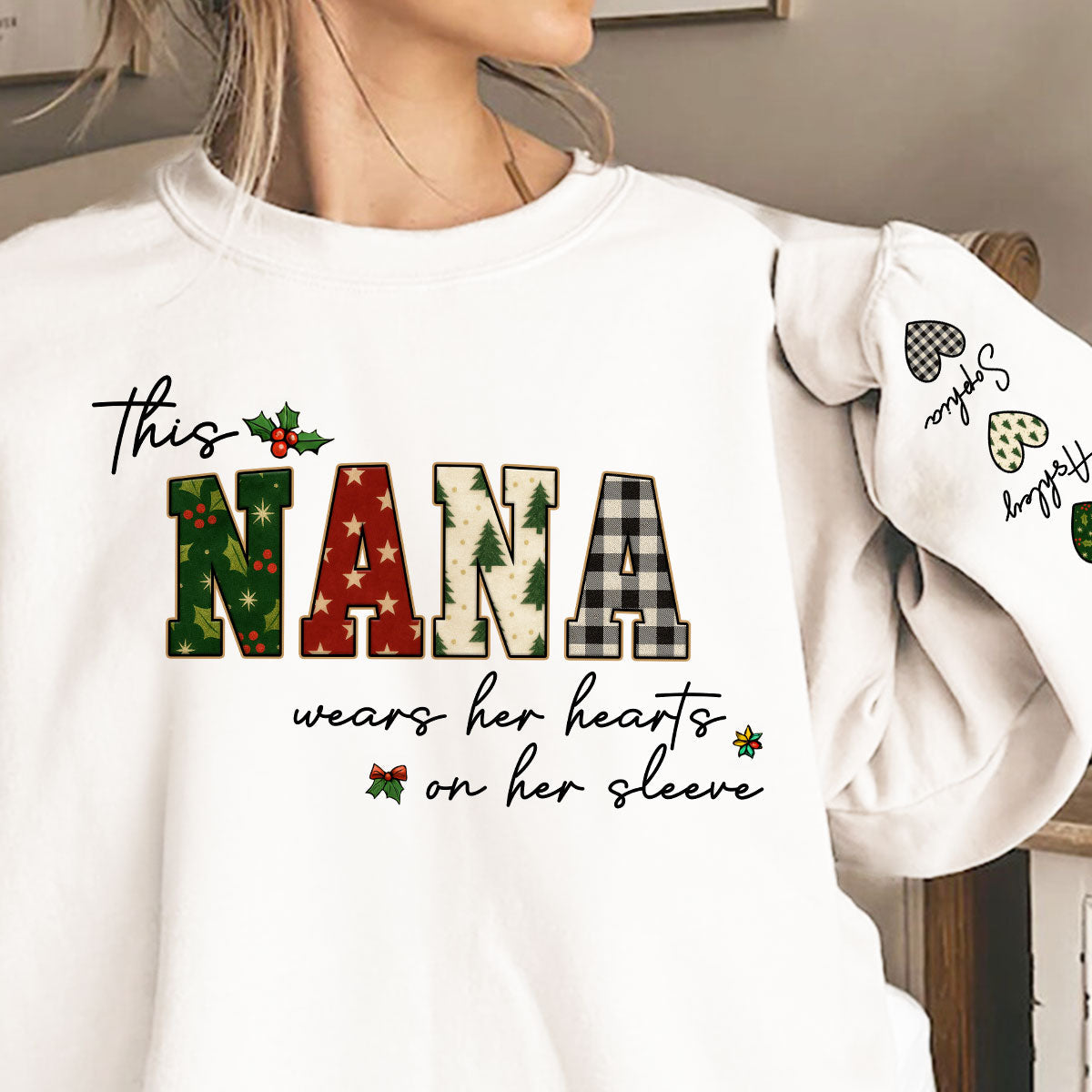 Christmas This Grandma Wears Her Heart Her Sleeve - Personalized Sleeve Printed Sweatshirt