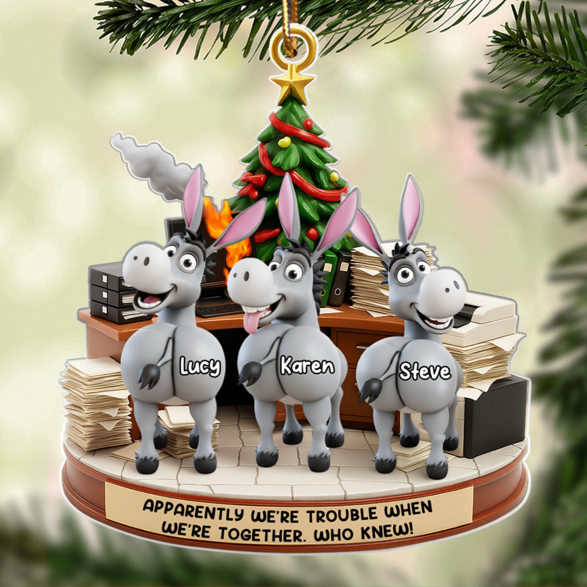 Trouble Together Donkey Coworker Office Decoration - Personalized Acrylic Ornament - Custom Employee Gift Exchange, White Elephant Gift