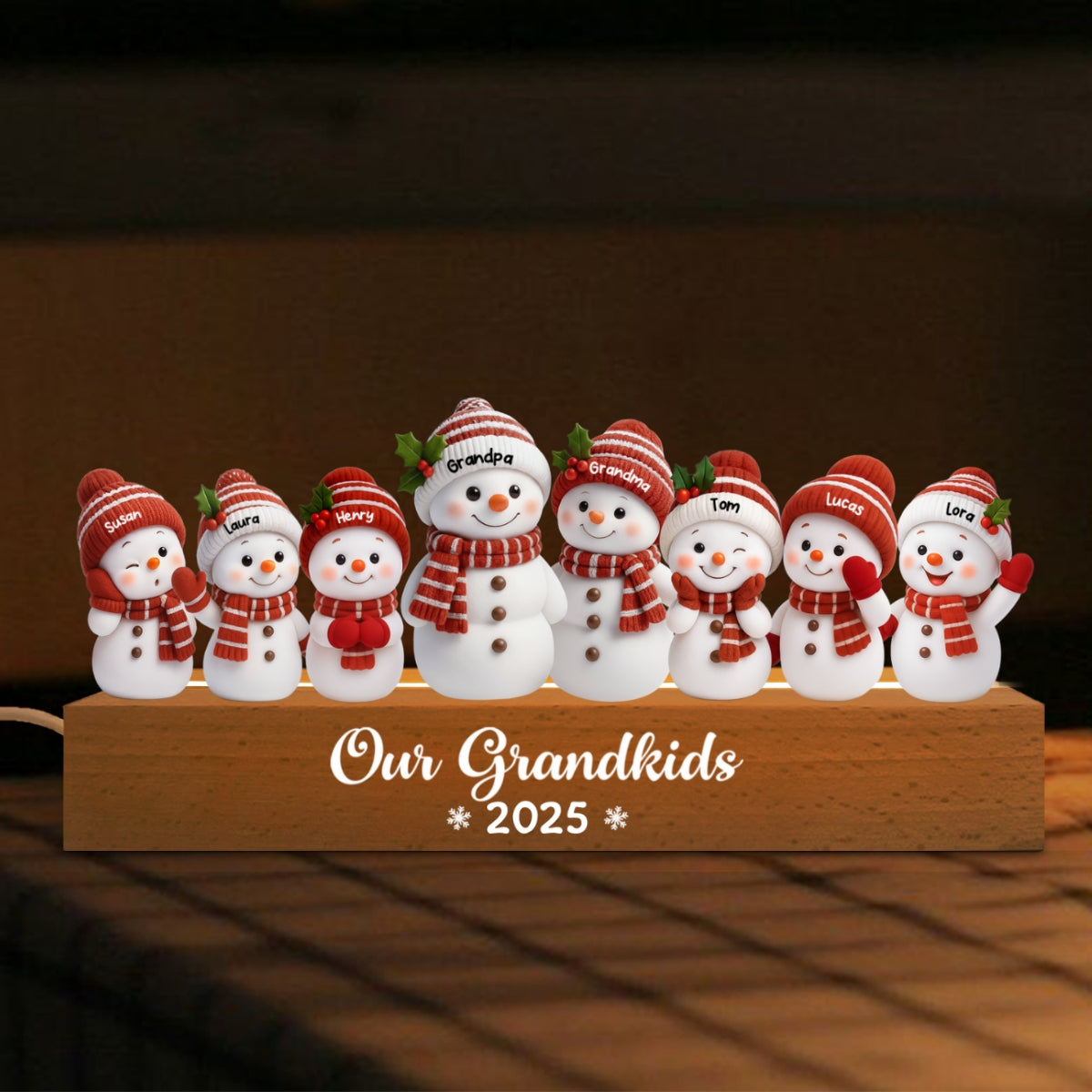 Festive Snowman Family Members - Personalized Acrylic Block Plaque LED Night Light - Christmas Gift for Family