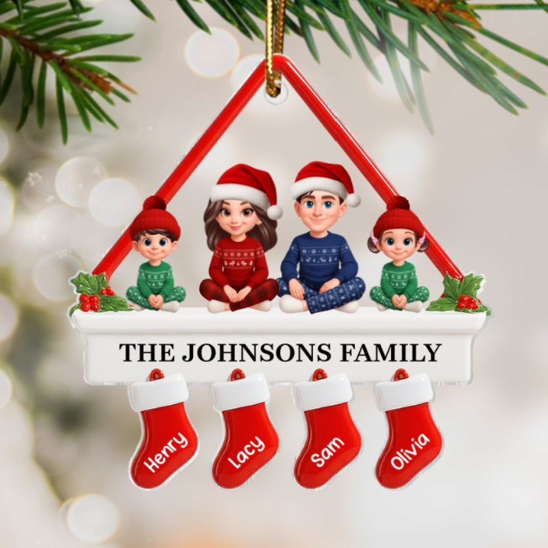 3D Effect Family Sitting On Christmas Mantel - Personalized Acrylic Ornament