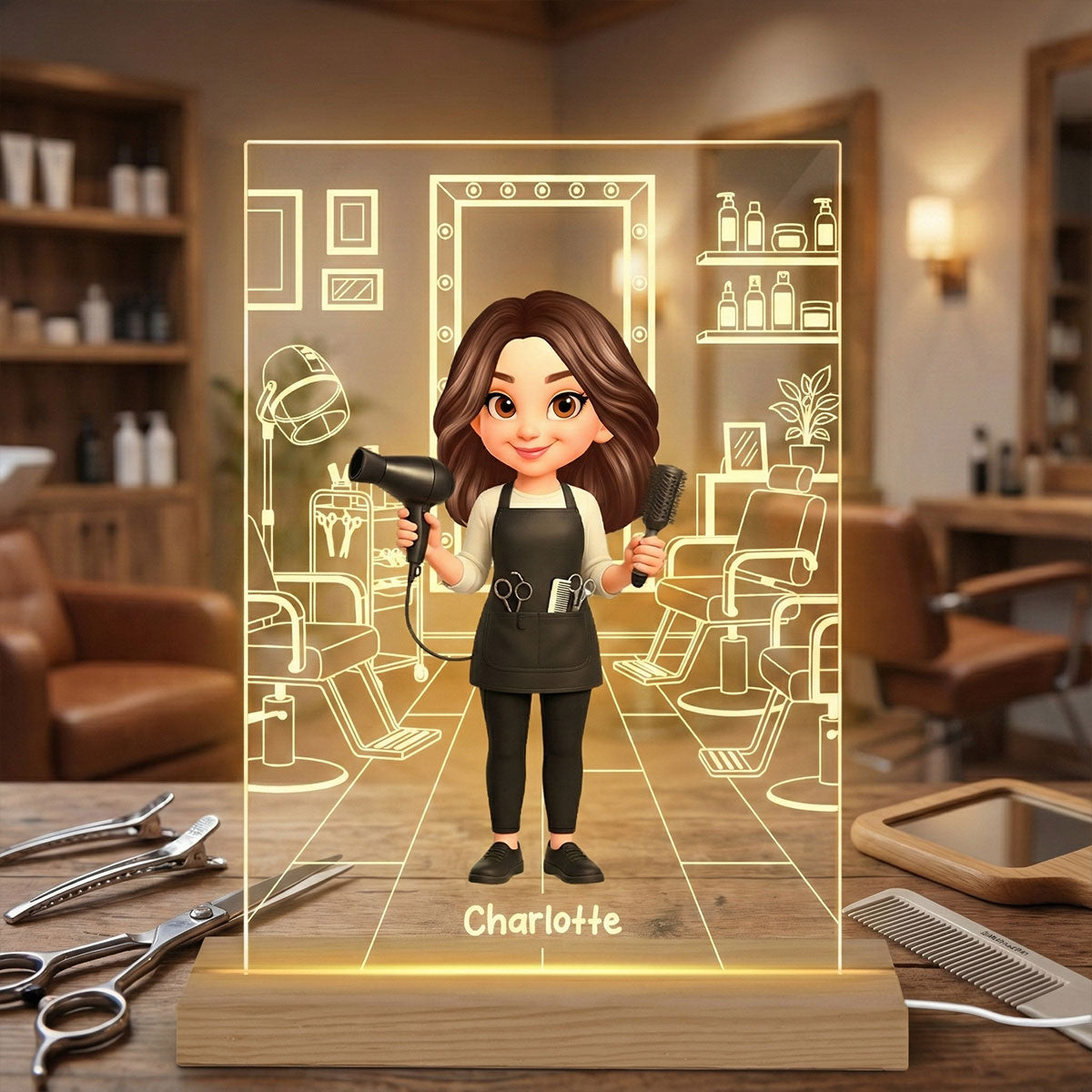 Hairdresser Man Woman In Hair Salon - Personalized Acrylic Plaque LED Night Light - Gift For Hairdressers