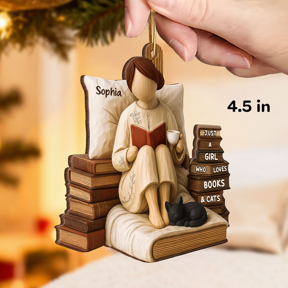 Just A Girl Who Loves Books & Cats 3D Effect - Personalized Wooden Ornament - Christmas Gift For Book Lover, Bookworm