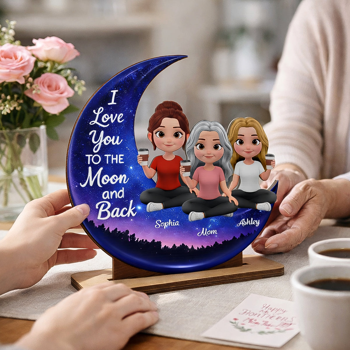 Mom And Daughters Love You To The Moon And Back - Personalized 2-Layered Wooden Plaque - Heartfelt Gift For Mom, Grandma