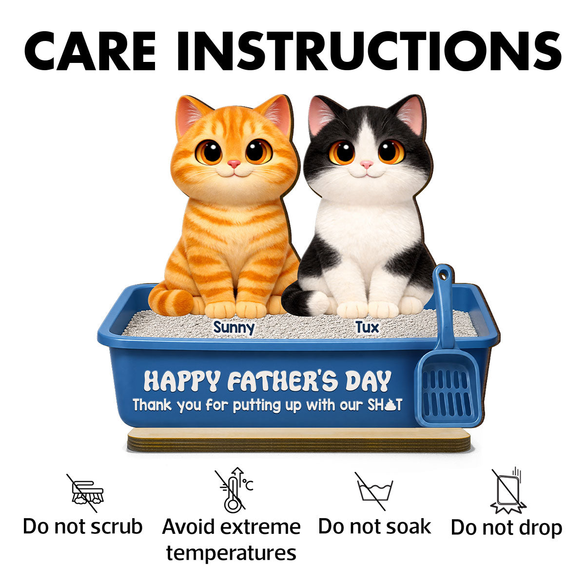 Cute Fluffy Cats Happy  Thanks For Feeding And Scooping Poo 2D Flat - Personalized 2-Layered Wooden Plaque - Funny  Gift For Cat Dad, Cat Lovers