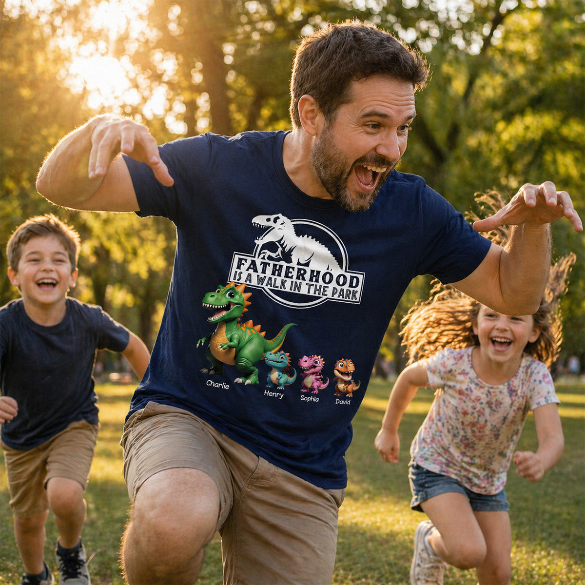 Fatherhood Is A Walk In The Park Cartoon Dinosaurs - Personalized Shirt - Father's Day Gift For Husband, Dad