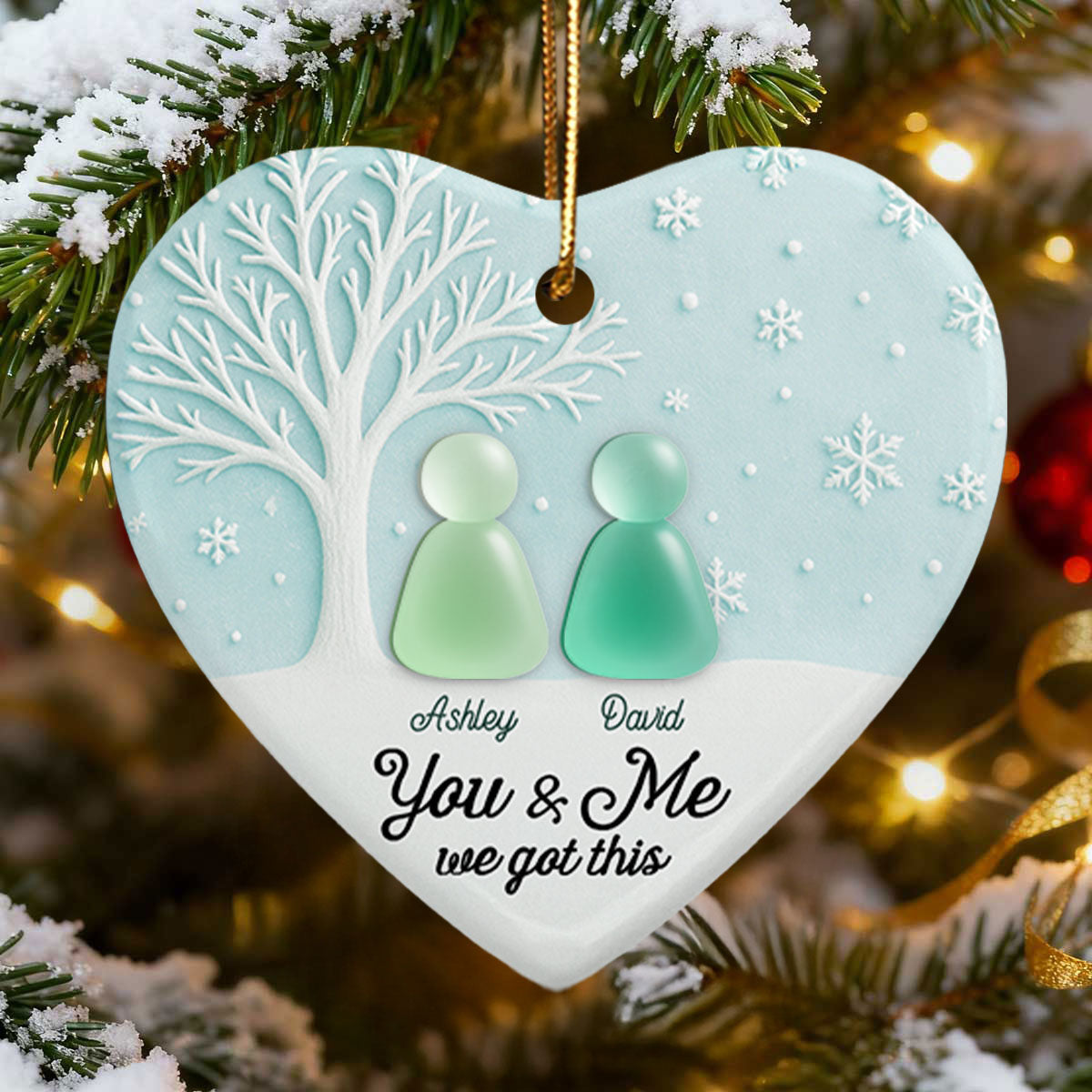 3D Sea Glass Effect Christmas Couple Growing Old Together - Personalized Ceramic Ornament With Acrylic Pieces
