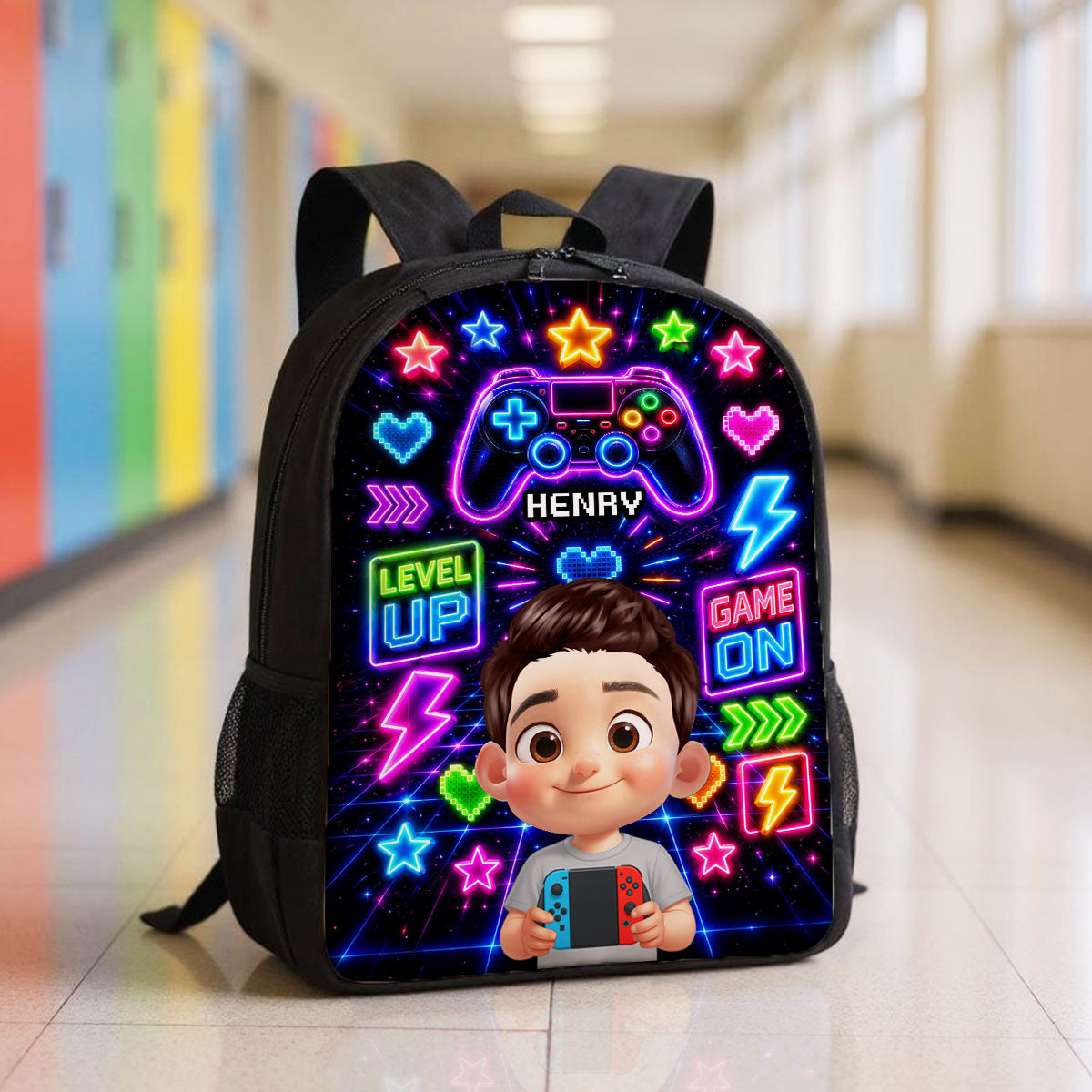 Neon Gamer Design for Boys Girls - Personalized Backpack - Back to School Backpack for Kids, Boys, Girls