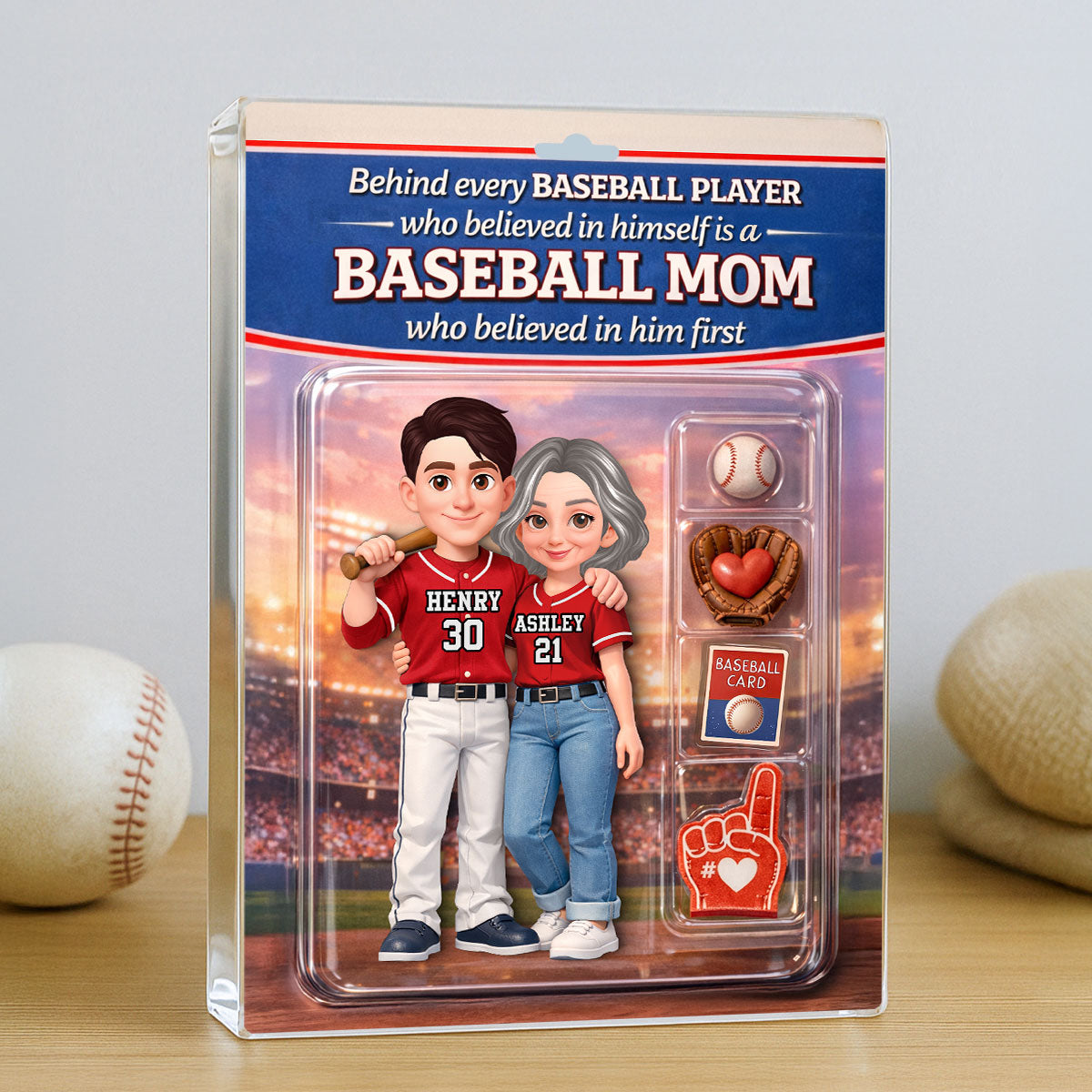 Behind Every Baseball Player is a Baseball Mom Custom Action Figure - Personalized Acrylic Block Plaque - Heartfelt Gift for Mom