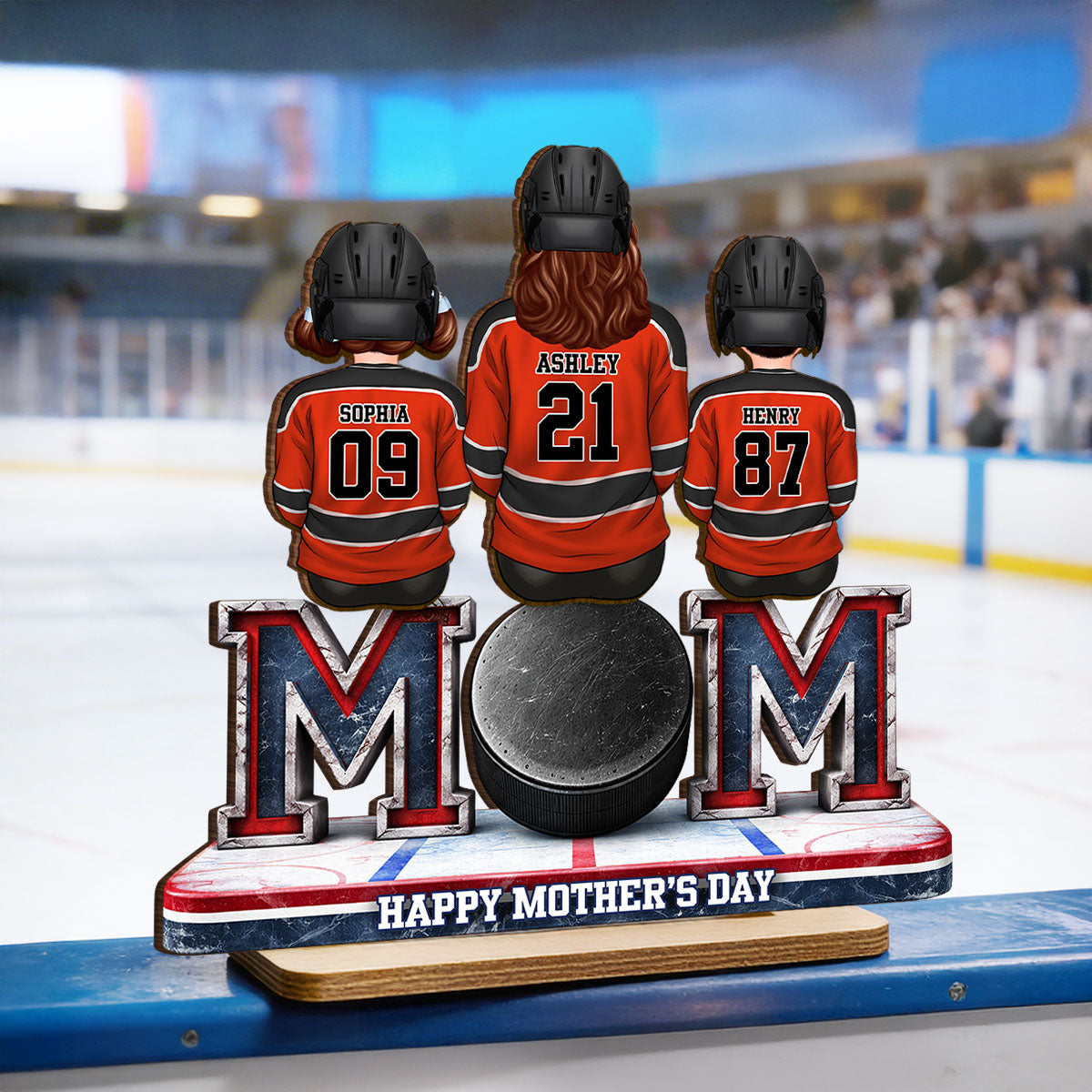 Hockey Mom And Kids Sitting Together - Personalized 2-Layered Wooden Plaque - Mother's Day Gift For Hockey Mom