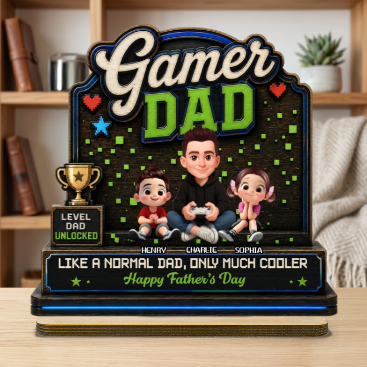 Gamer Dad & Kids - Personalized 2-Layered Wooden Plaque -  Gift For Gamer Dad